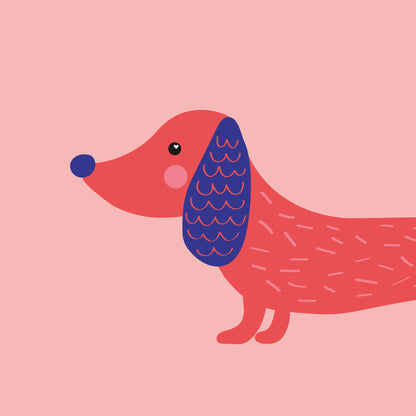 Plakater til børn af en sød, lyserød og illustreret gravhund.