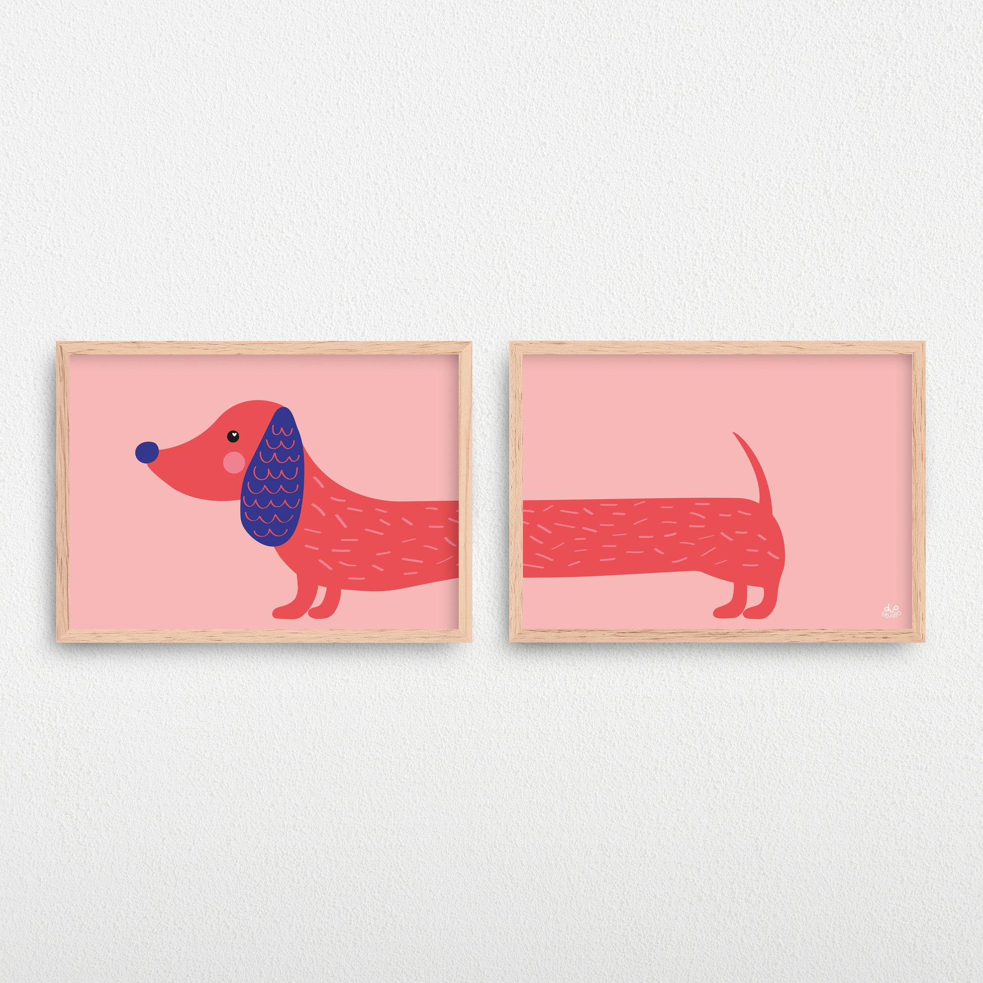 Plakater til børn af en sød, lyserød og illustreret gravhund.