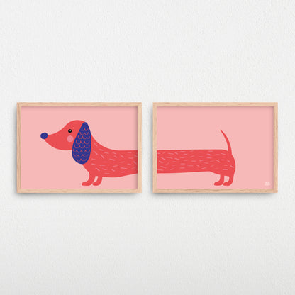 Plakater til børn af en sød, lyserød og illustreret gravhund.