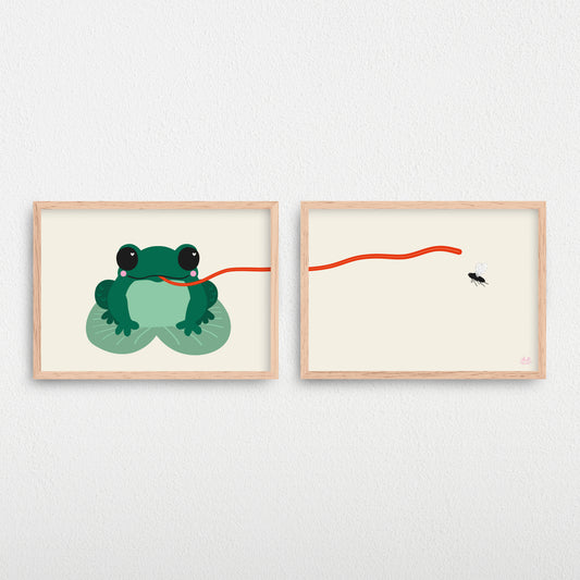 Plakater til børn af en grøn, sød, illustreret frø, der har en lang tunge, som fanger en flue.