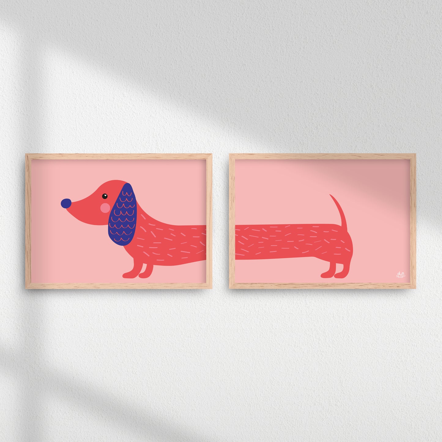 Plakater til børn af en sød, lyserød og illustreret gravhund.