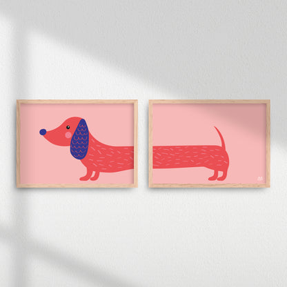Plakater til børn af en sød, lyserød og illustreret gravhund.