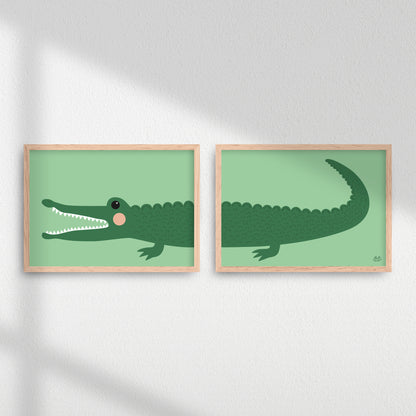 Plakater til børn af en grøn illustreret krokodille.