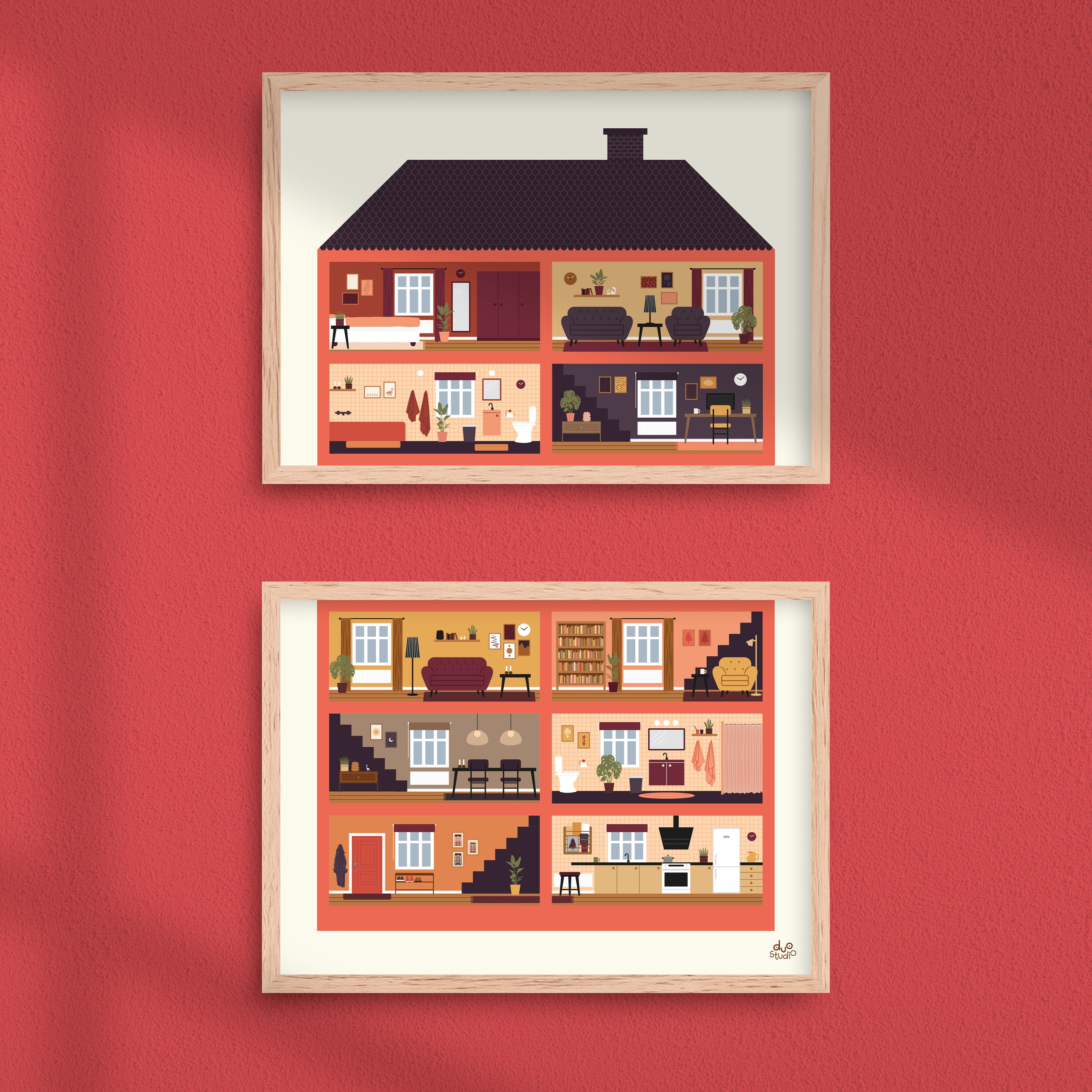 Plakater til børn af et dukkehus med 10 rum. Stue, badeværelse, køkken, soveværelse, kontor, spisestue, entre.