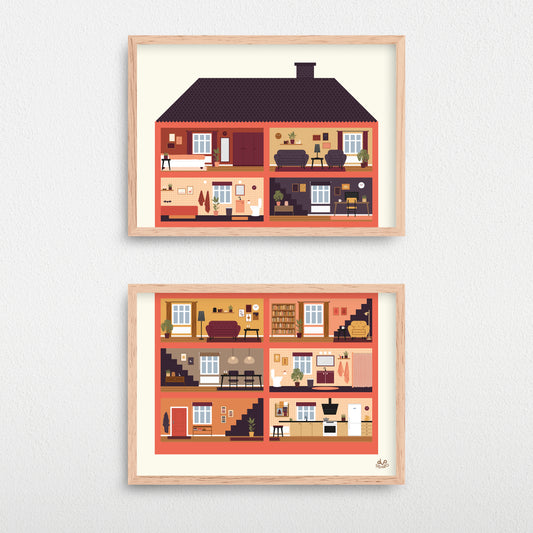 Plakater til børn af et dukkehus med 10 rum. Stue, badeværelse, køkken, soveværelse, kontor, spisestue, entre.