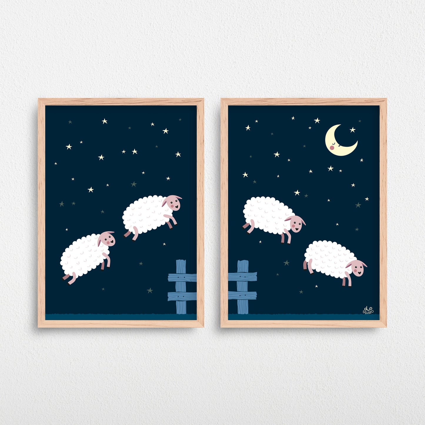 Plakater med fire trætte får, der hopper over et hegn til børn. Tælle får. Godnat.