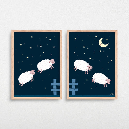 Plakater med fire trætte får, der hopper over et hegn til børn. Tælle får. Godnat.