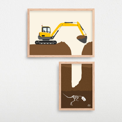 Plakater til børn af en gul gravko/landegraver, der graver dybt ned i jorden efter et dinosaurskelet/T-rex.