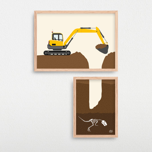 Plakater til børn af en gul gravko/landegraver, der graver dybt ned i jorden efter et dinosaurskelet/T-rex.