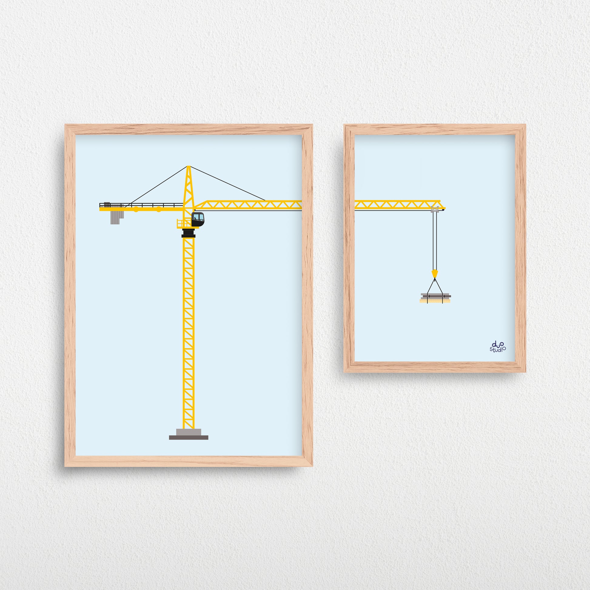 Plakater til børn af en gul, stor og sej illustreret kran, der løfter gods.