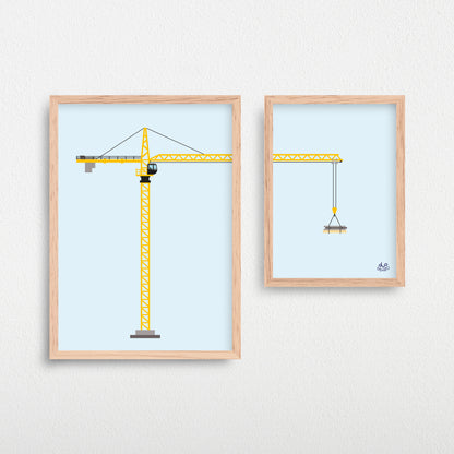 Plakater til børn af en gul, stor og sej illustreret kran, der løfter gods.