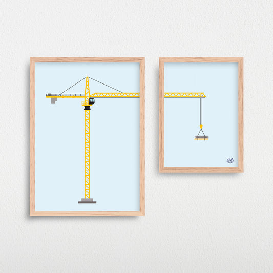 Plakater til børn af en gul, stor og sej illustreret kran, der løfter gods.