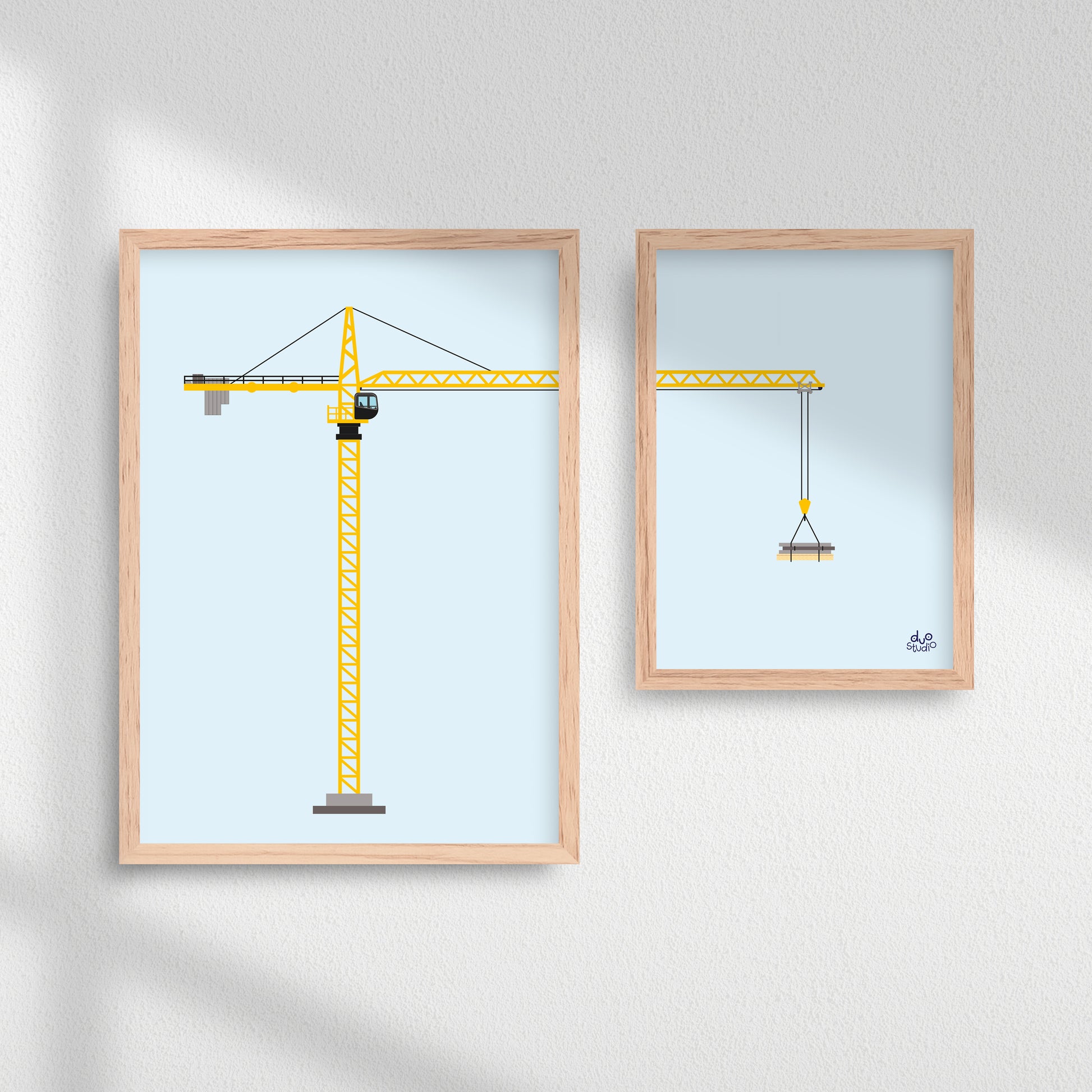 Plakater til børn af en gul, stor og sej illustreret kran, der løfter gods.