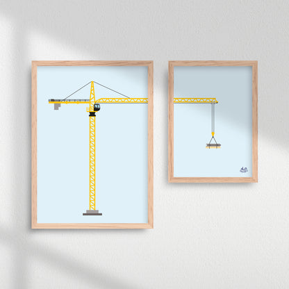 Plakater til børn af en gul, stor og sej illustreret kran, der løfter gods.