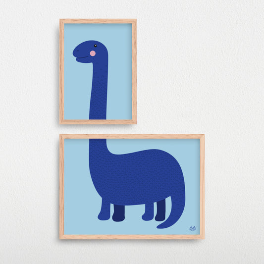 Plakater til børn af en sød, blå, illustreret dinosaur.