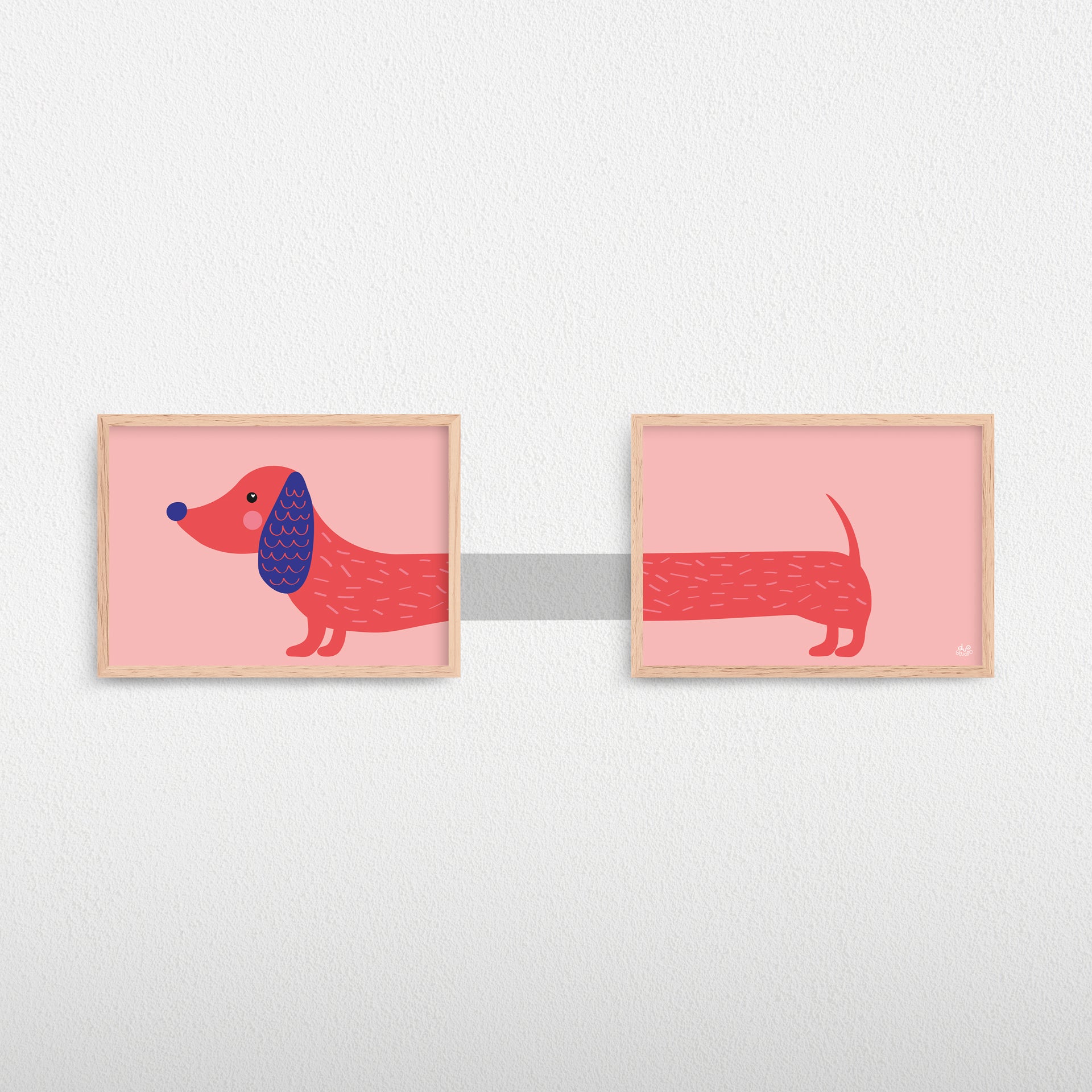 Plakater til børn af en sød, lyserød og illustreret gravhund.